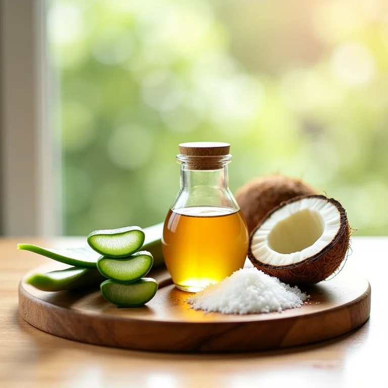 Ingredientes naturais para no poo dispostos em tábua de madeira