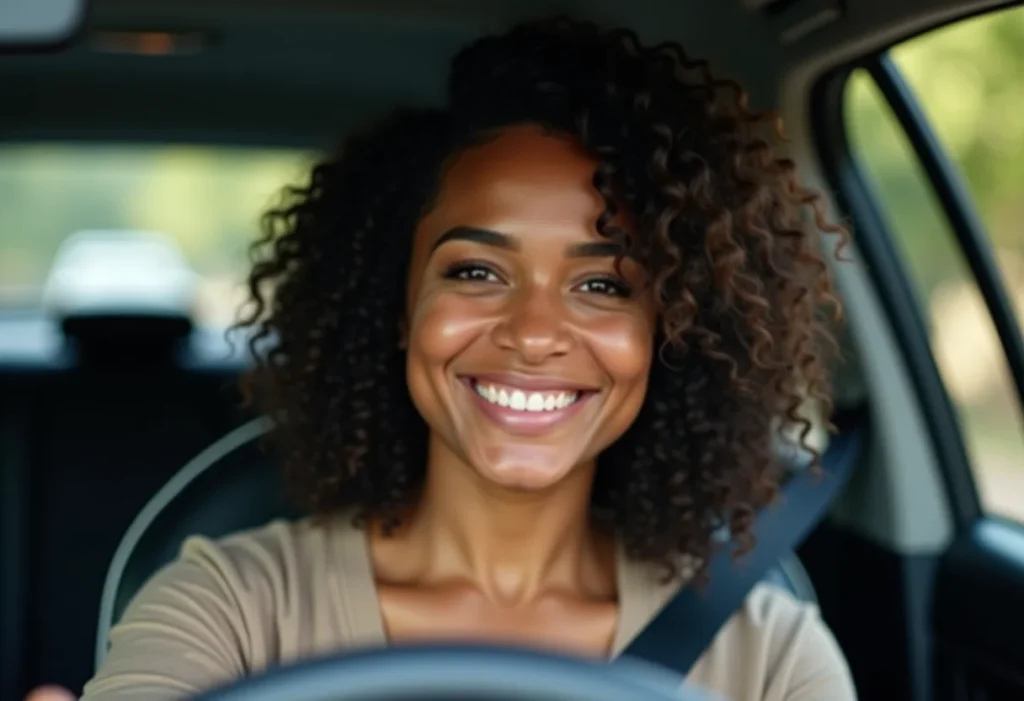 Instrutora de autoescola sorrindo no carro
