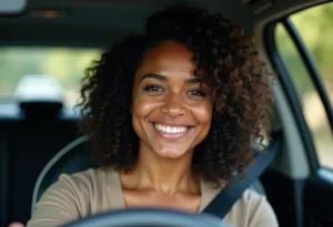 Instrutora de autoescola sorrindo no carro