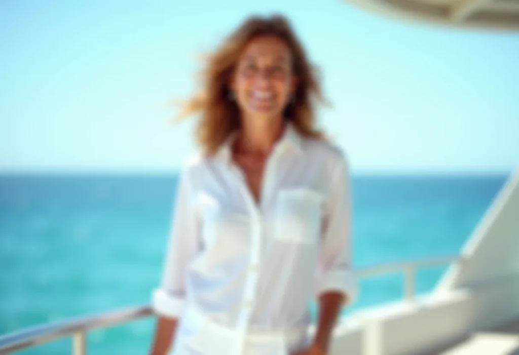 Instrutora de mergulho sorrindo em barco com mar azul ao fundo.