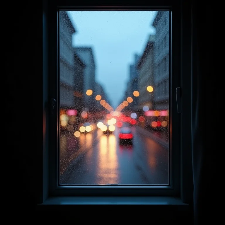 Janela com chuva e rua movimentada ao fundo