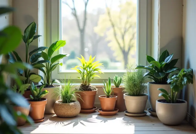 Jardim de inverno pequeno e aconchegante com plantas variadas.