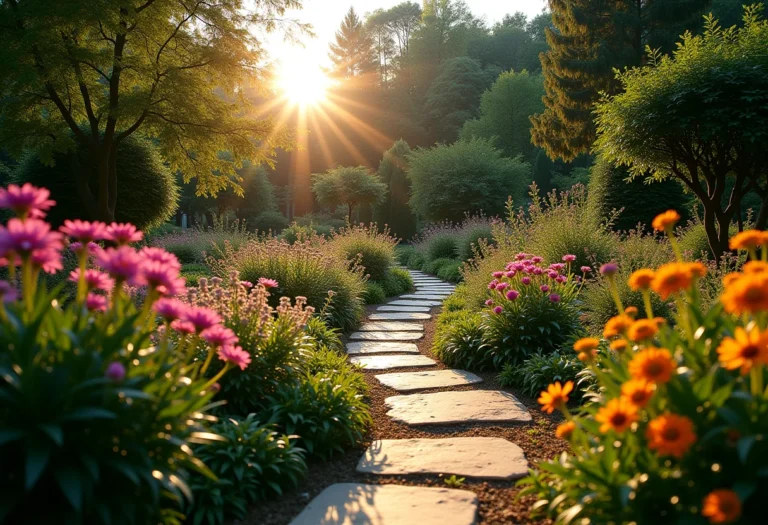 Jardim exuberante com caminhos de pedra