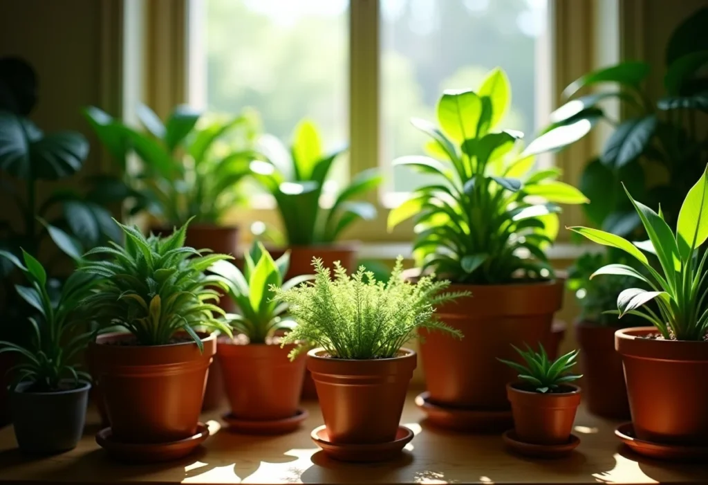 Jardim interno exuberante com plantas variadas em vasos de terracota.