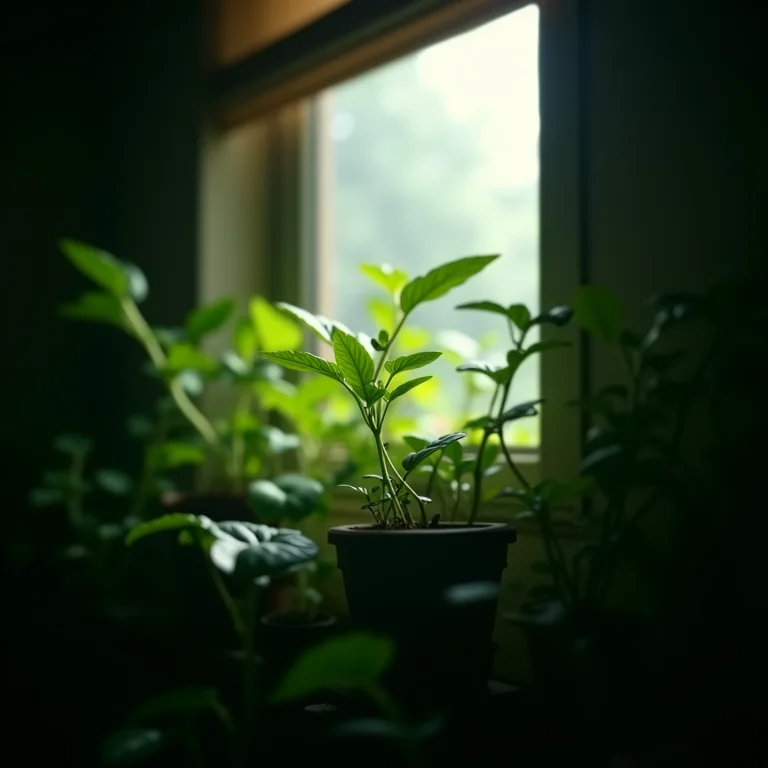 Jardim interno mal iluminado com plantas esticando em direção à janela.