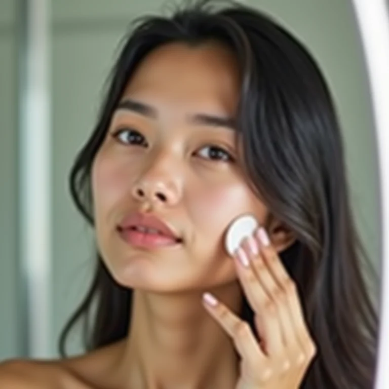 Jovem asiático-brasileira aplicando tônico facial