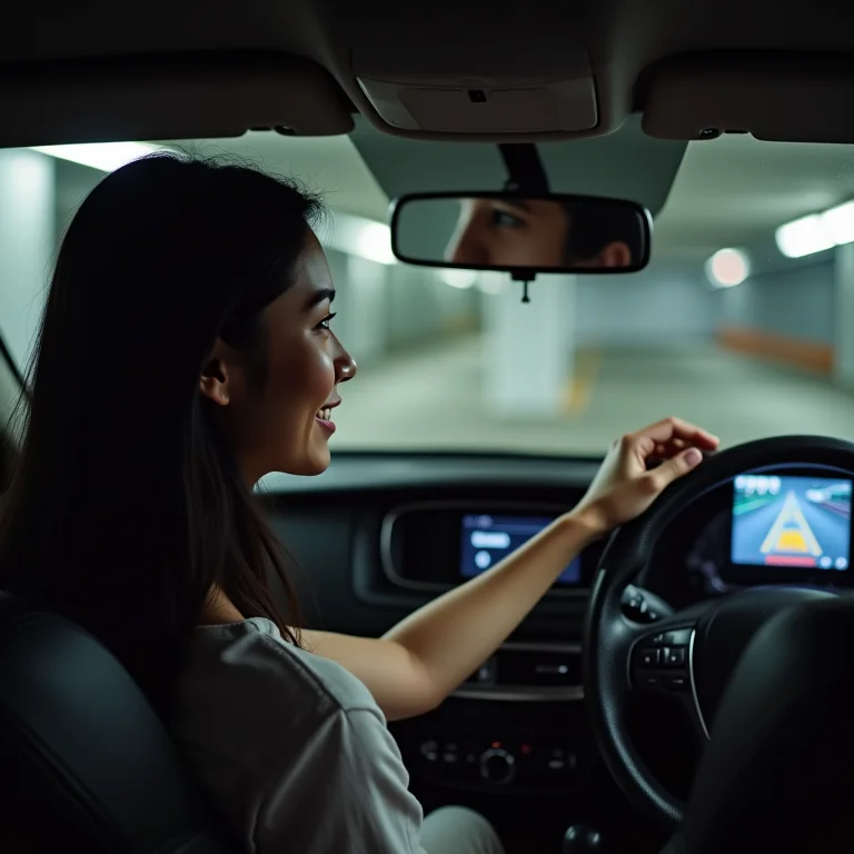 Jovem asiático-brasileira atenta à segurança ao estacionar.