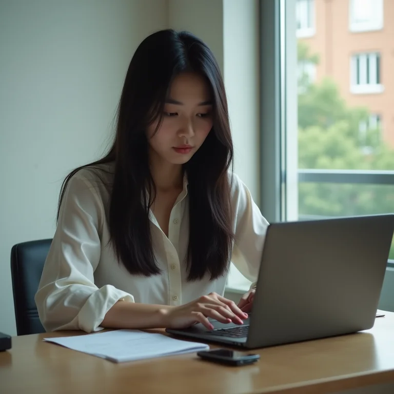 Jovem asiático-brasileira digitando testamento particular no laptop