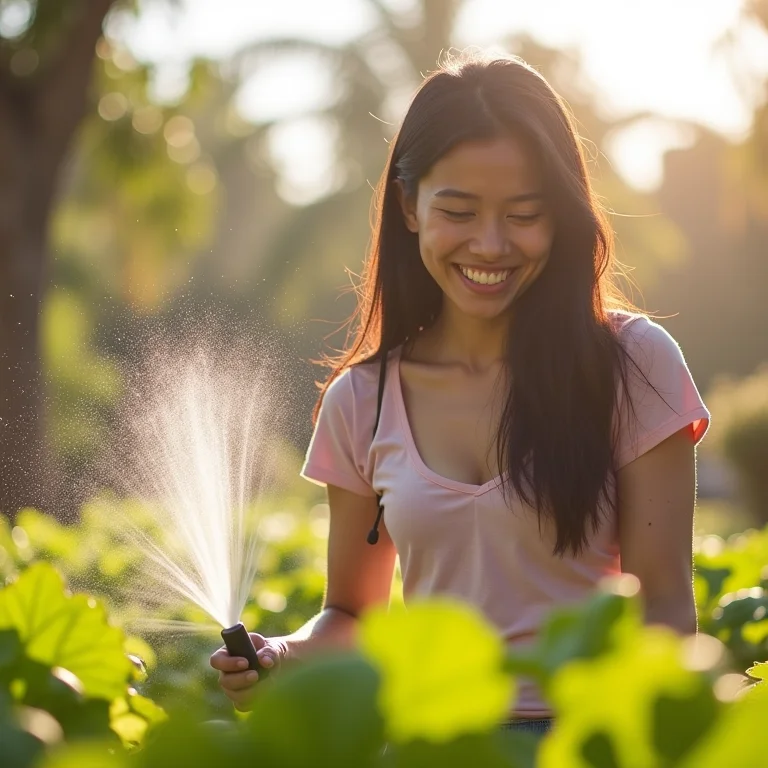 Jovem asiático-brasileira irrigando sua horta com aspersor