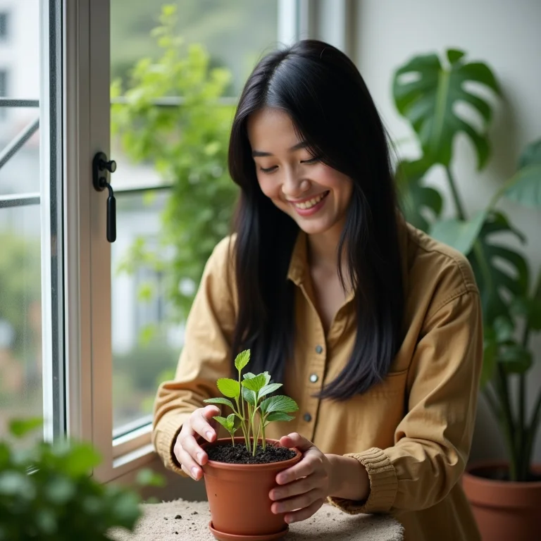 Jovem asiático-brasileira plantando sementes em sua horta