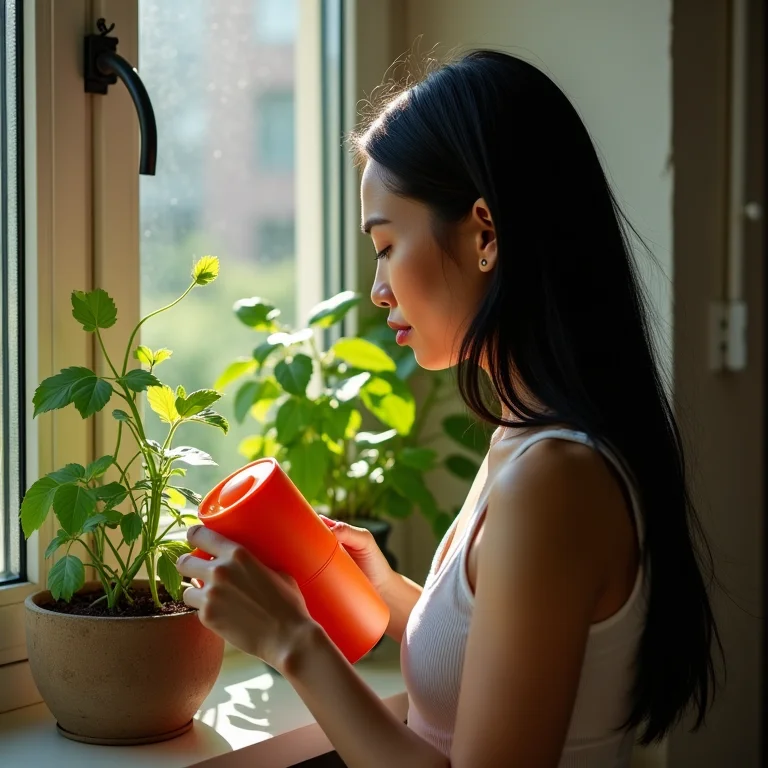 Jovem asiático-brasileira regando horta suspensa em apartamento