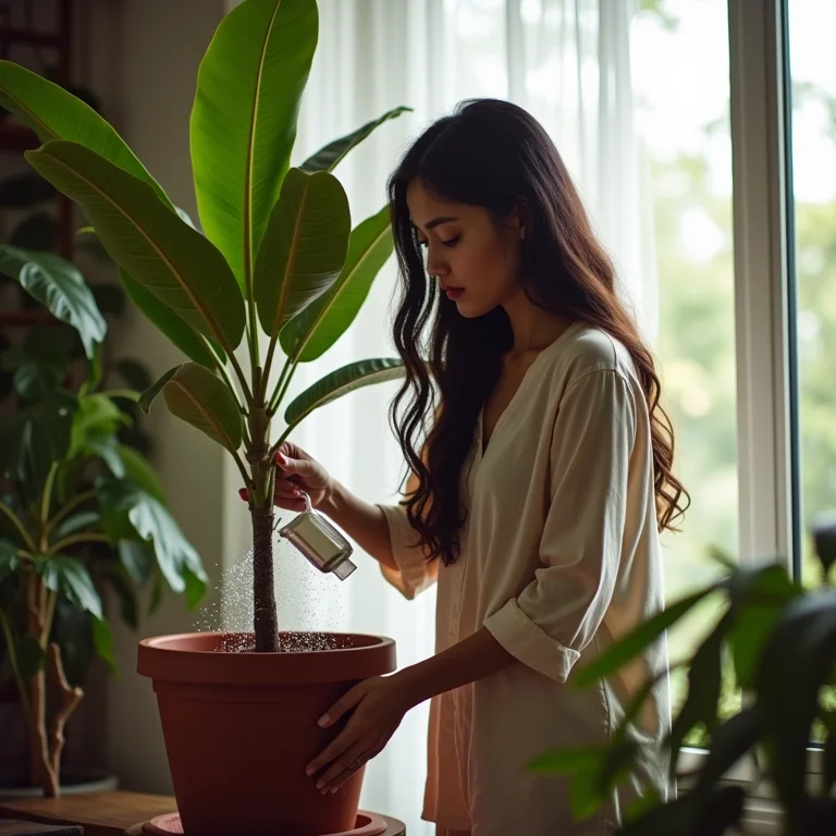 Jovem asiático-brasileira regando pitangueira