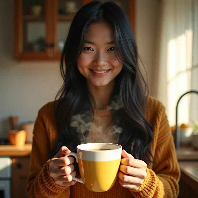 Jovem asiático-brasileira sorrindo com xícara de chá de gengibre e limão