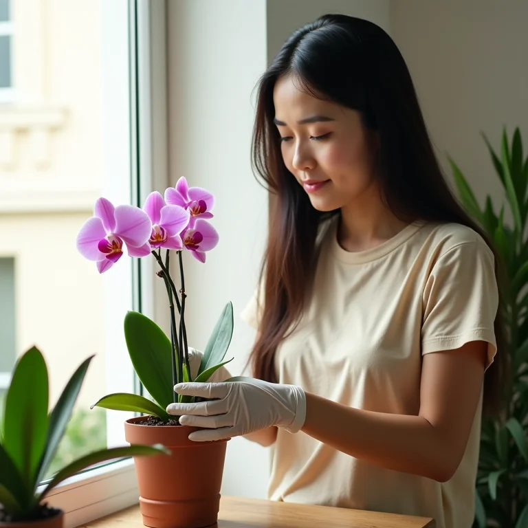 Jovem asiático-brasileira transplantando orquídea para um novo vaso