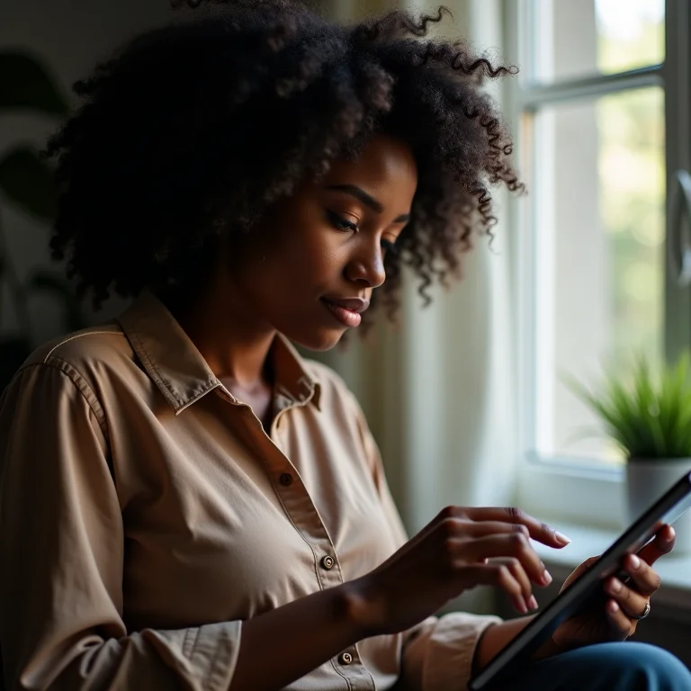 Jovem negra brasileira analisando suas finanças em um tablet.
