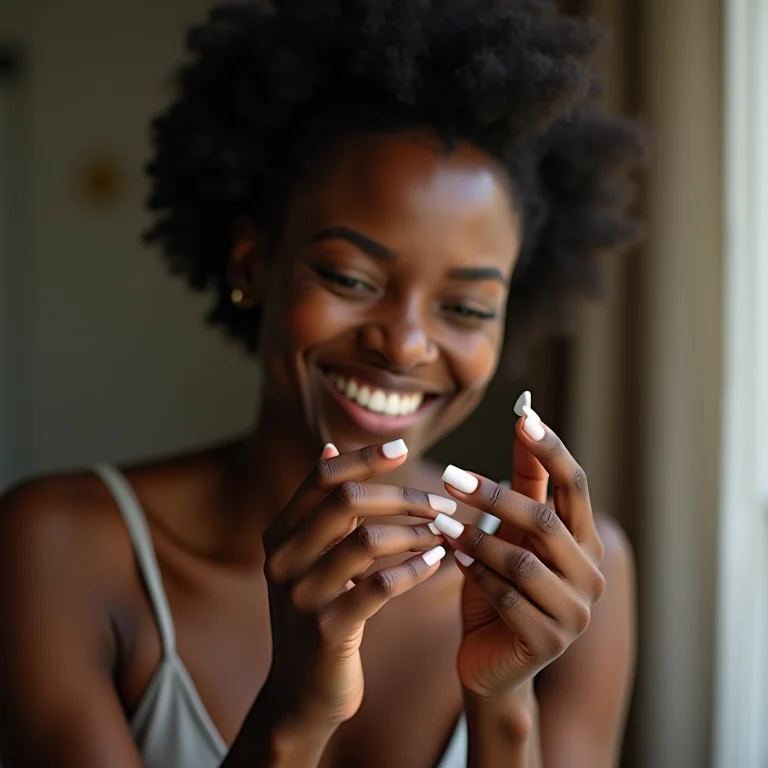 Jovem negra brasileira fazendo francesinha repaginada em unhas amendoadas