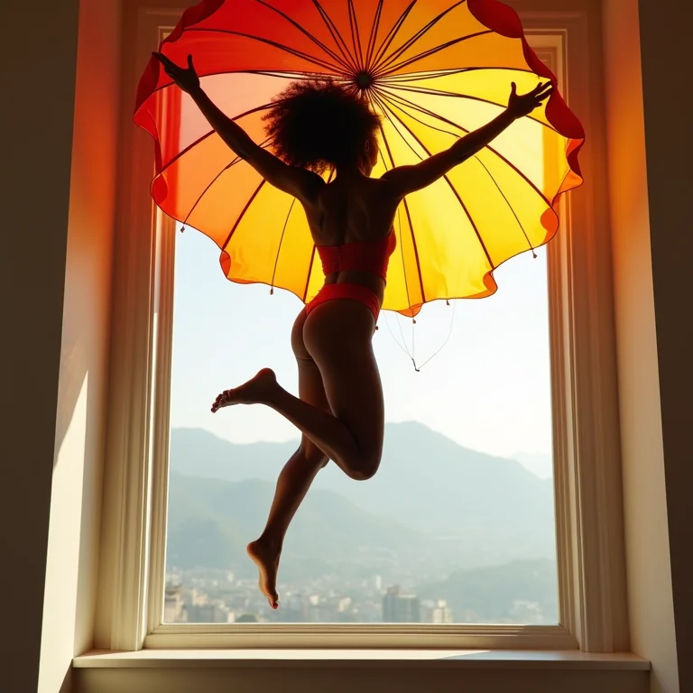 Jovem negra brasileira saltando com design de paraquedas de Lenormand