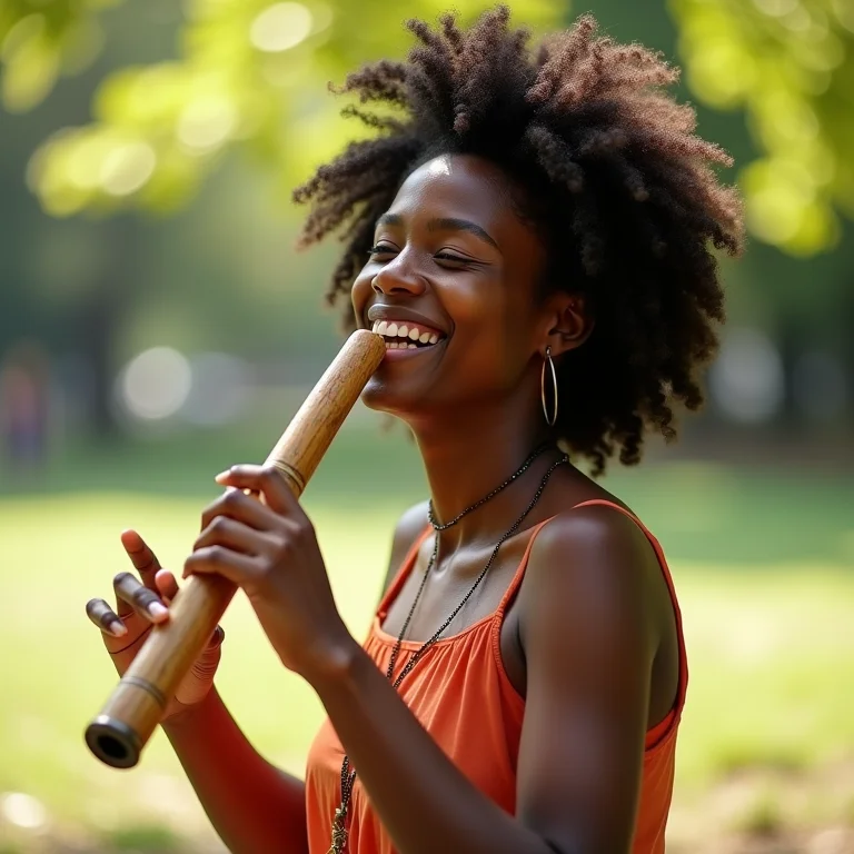 Jovem negra brasileira tocando flauta Dizi