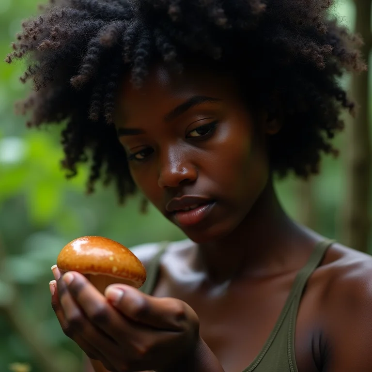 Jovem negra colhendo cogumelos selvagens
