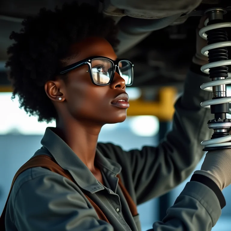 Jovem negra inspecionando suspensão de carro em oficina.