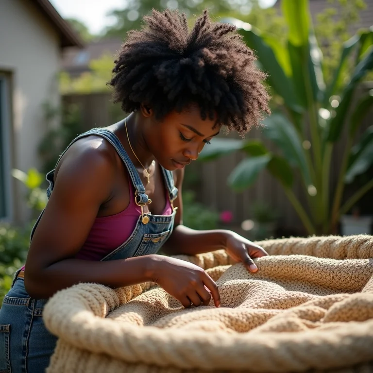 Jovem negra montando horta em sistema de mechas no quintal