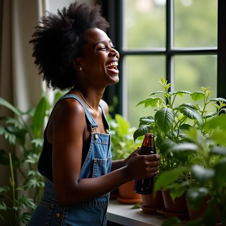 Jovem negra mostrando sua horta em garrafa PET.