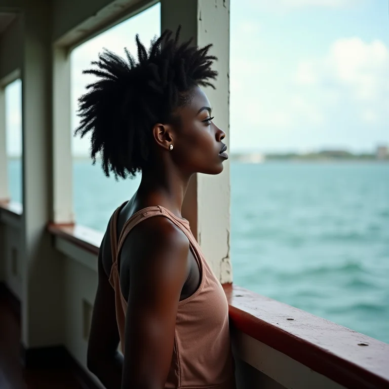Jovem negra olhando para o horizonte do navio