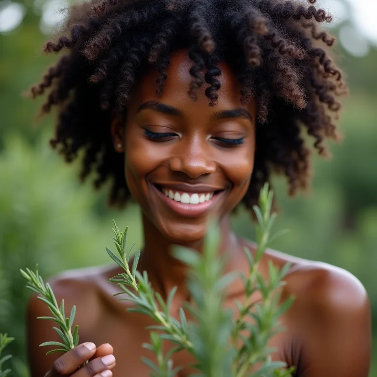 Jovem negra podando alecrim em seu jardim.