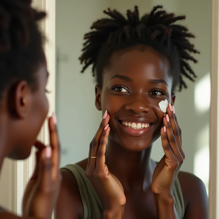 Jovem negra retinta cuidando da pele