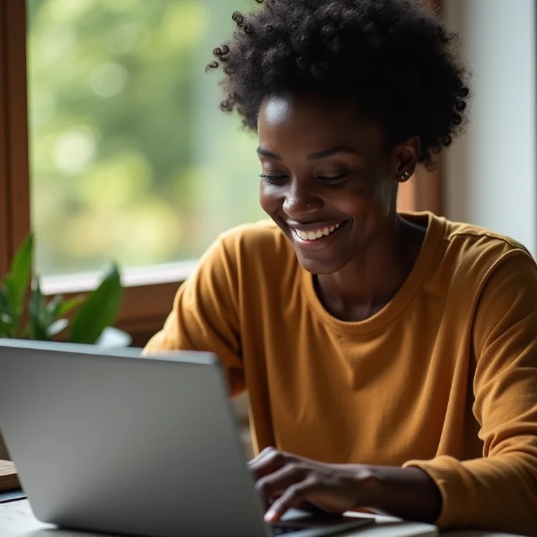 Jovem negra sorrindo enquanto personaliza e-mail marketing em laptop.