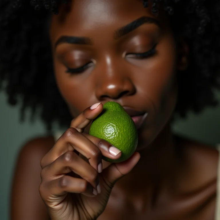 Jovem negra testando a firmeza de um abacate