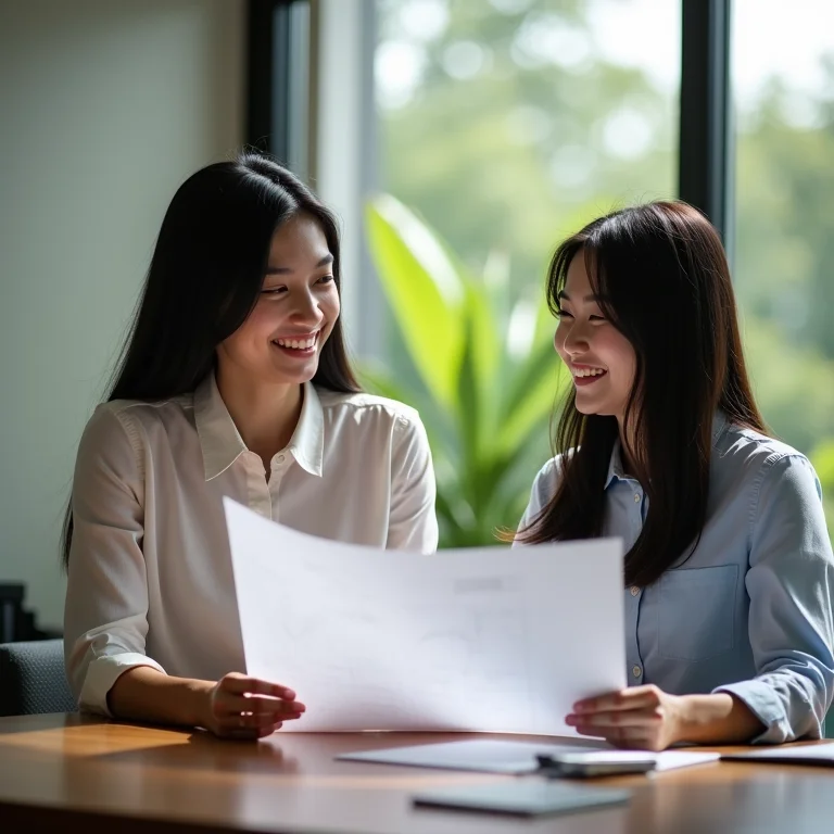 Jovem paisagista asiático-brasileira em reunião com cliente.