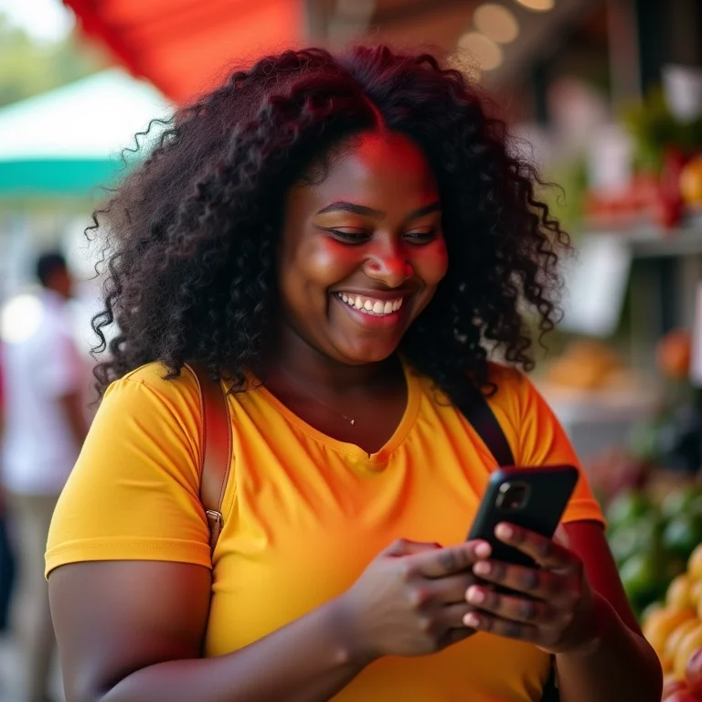 Jovem plus-size comparando preços de produtos naturais online.