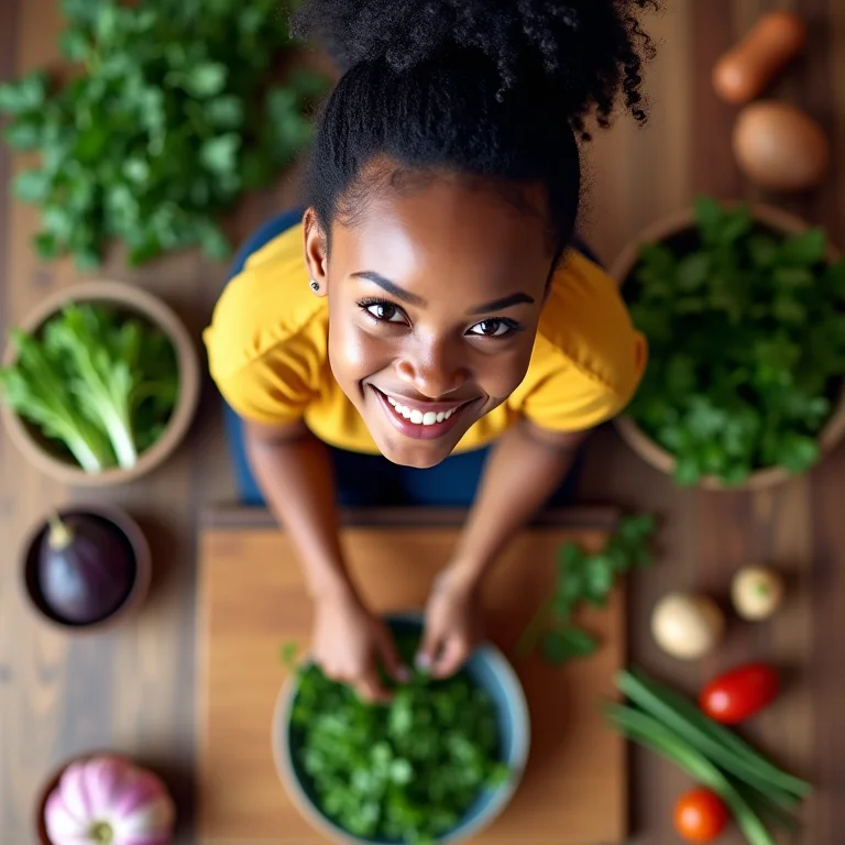 Jovem preparando receita com salsinha e cebolinha.