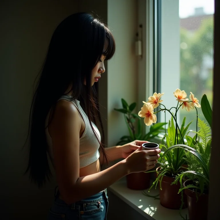 Jovem regando plantas de meia sombra em casa