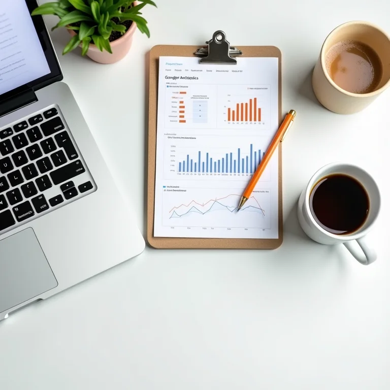 Laptop com Google Analytics, notebook e café.