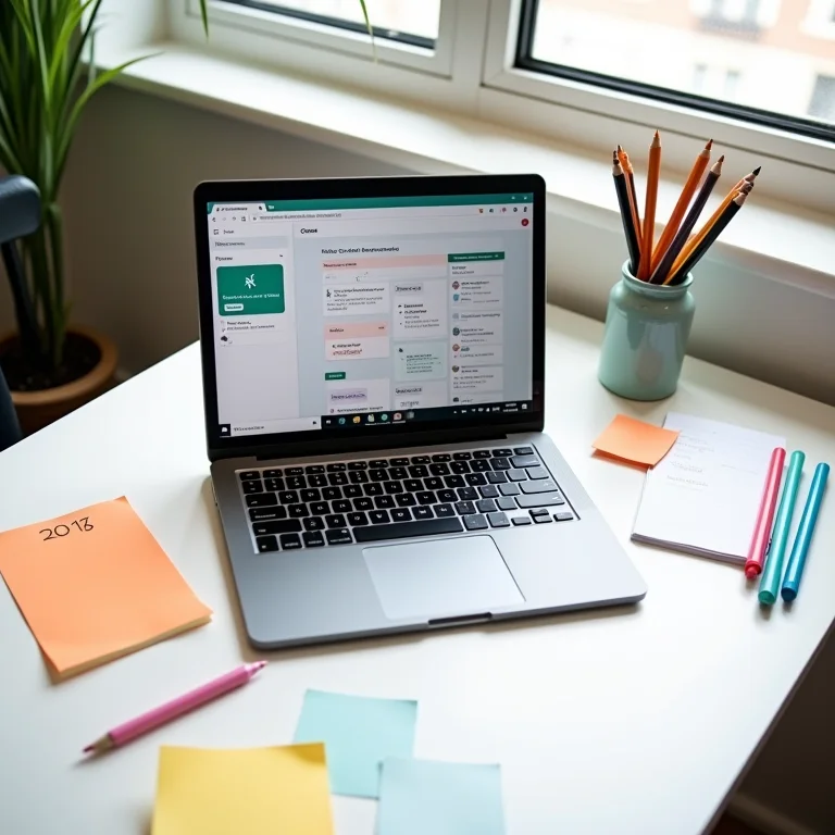 Laptop mostrando a interface do Trello, cercado de materiais de organização.