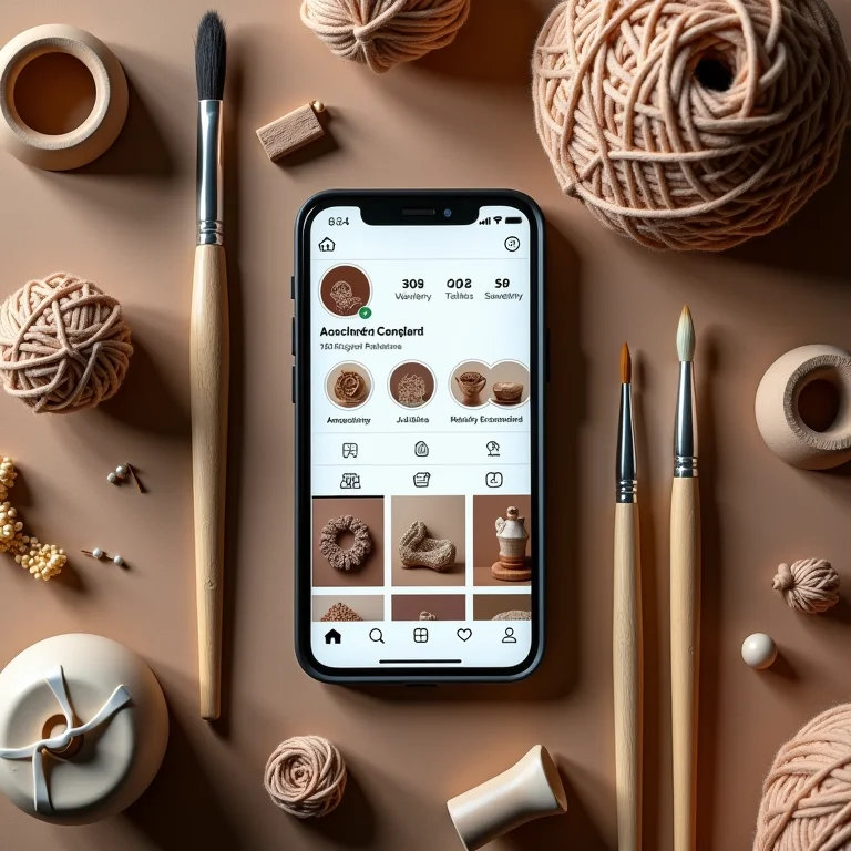 Layout de um celular mostrando perfil do Instagram com fotos de artesanato e ferramentas de trabalho ao redor.
