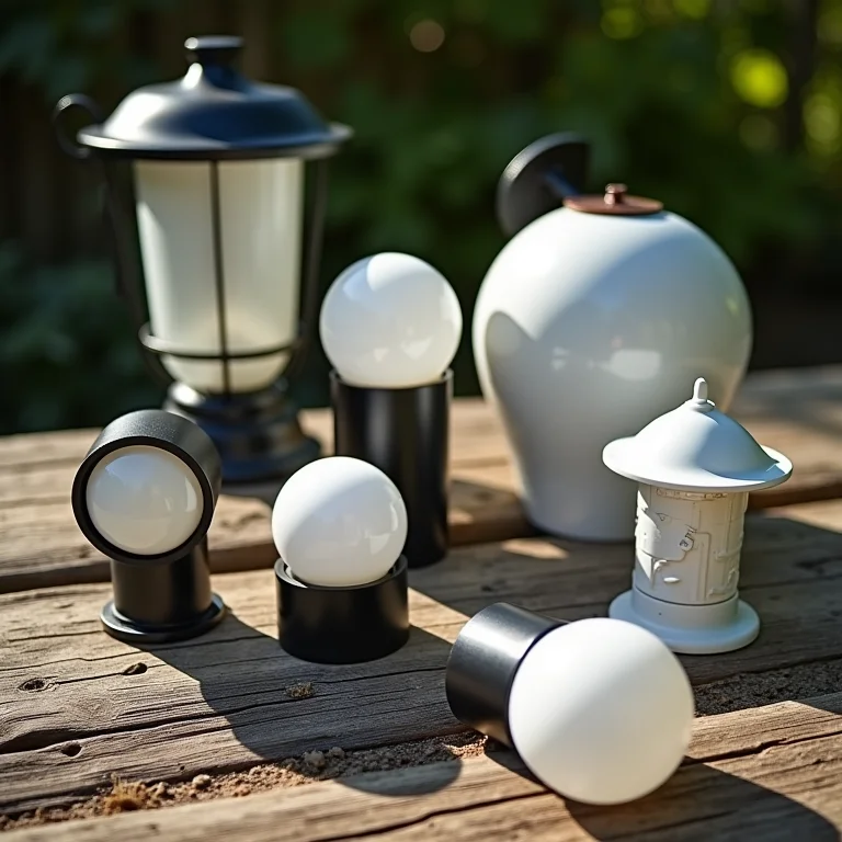 Luminárias de jardim inadequadas em superfície de madeira rústica