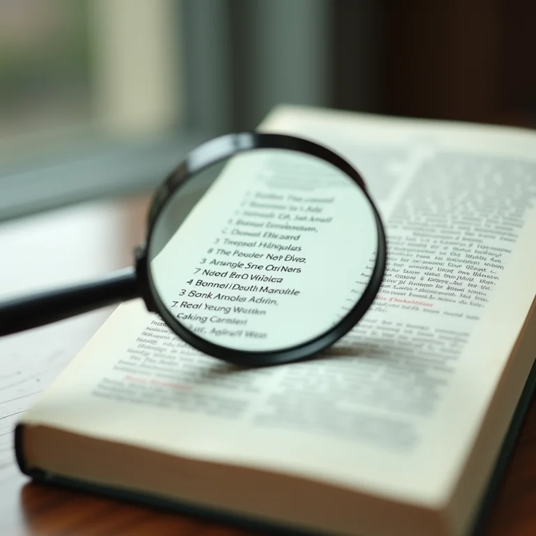 Lupa sobre lista de autores em um livro aberto.