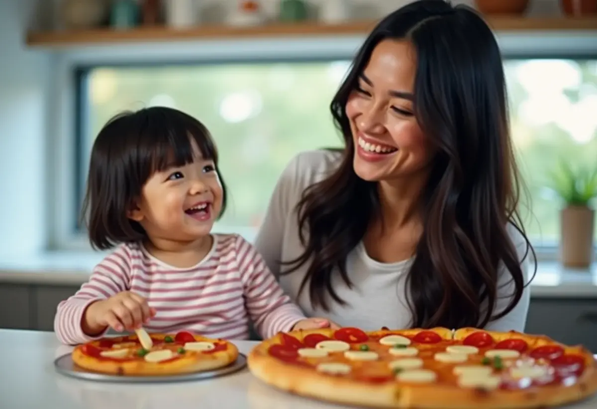 Mãe asiático-brasileira preparando receita nutritiva com criança