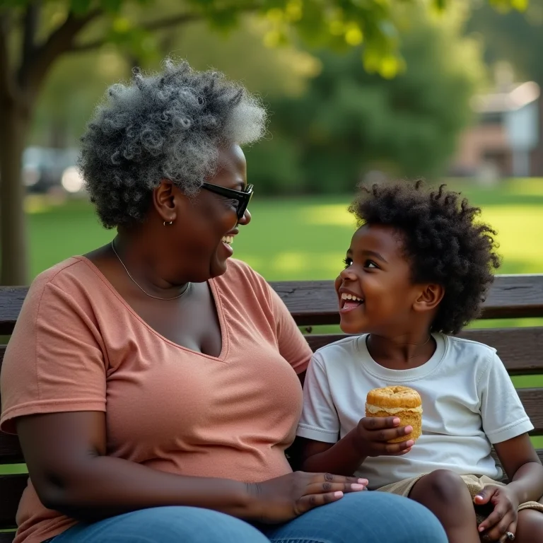 Mãe e filho dividindo um lanche no parque, representando o arquétipo do Órfão