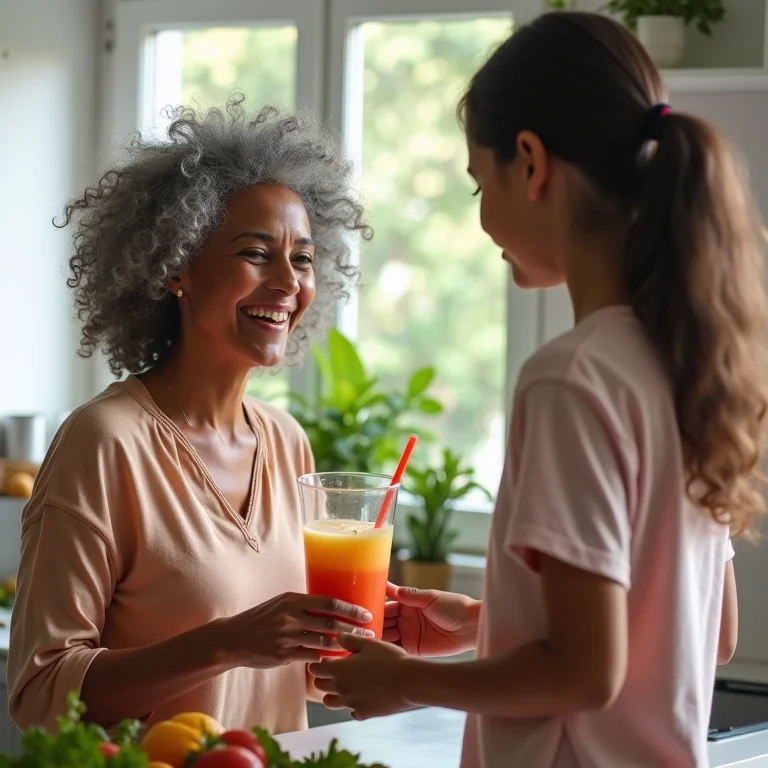 Mãe negra de meia idade servindo smoothie para filha