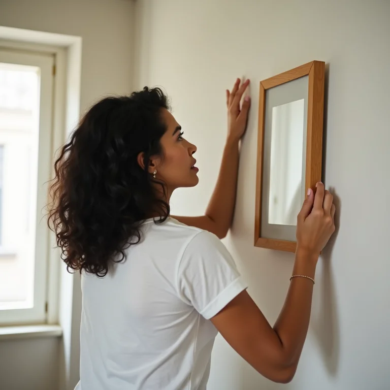 Mãe pendurando quadros muito alto no quarto do bebê