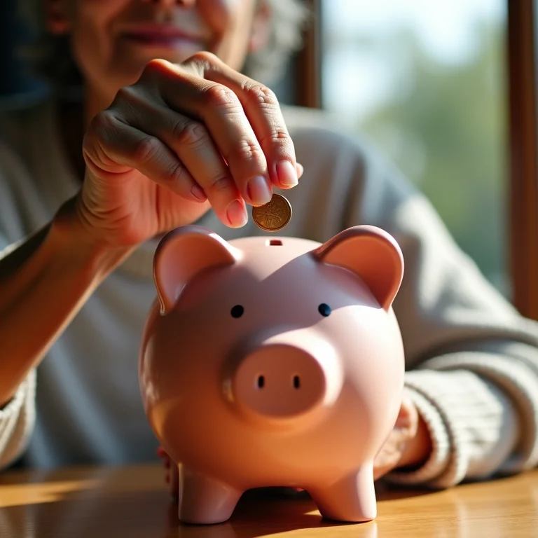 Mãos colocando moeda em cofrinho.