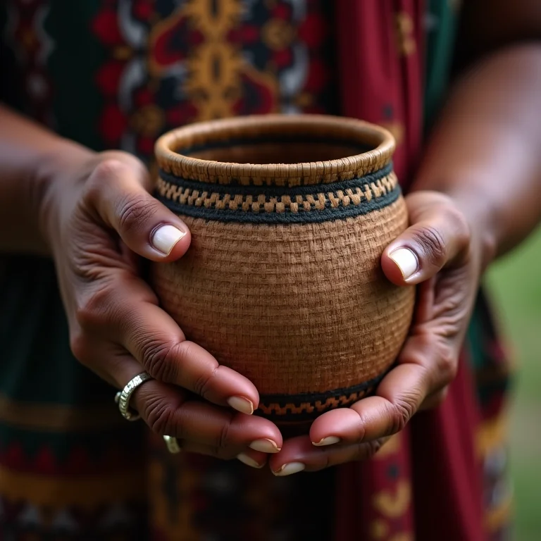 Mãos de mulher indígena segurando cesto artesanal