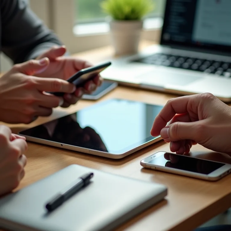 Mãos digitando rapidamente em vários dispositivos.