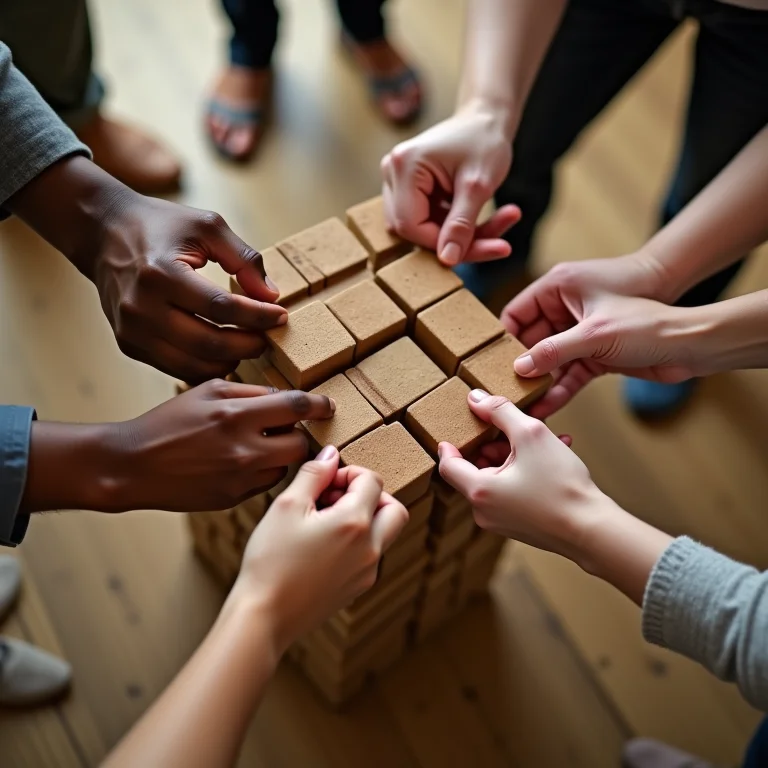 Mãos diversas construindo uma estrutura, representando a implementação do compliance.