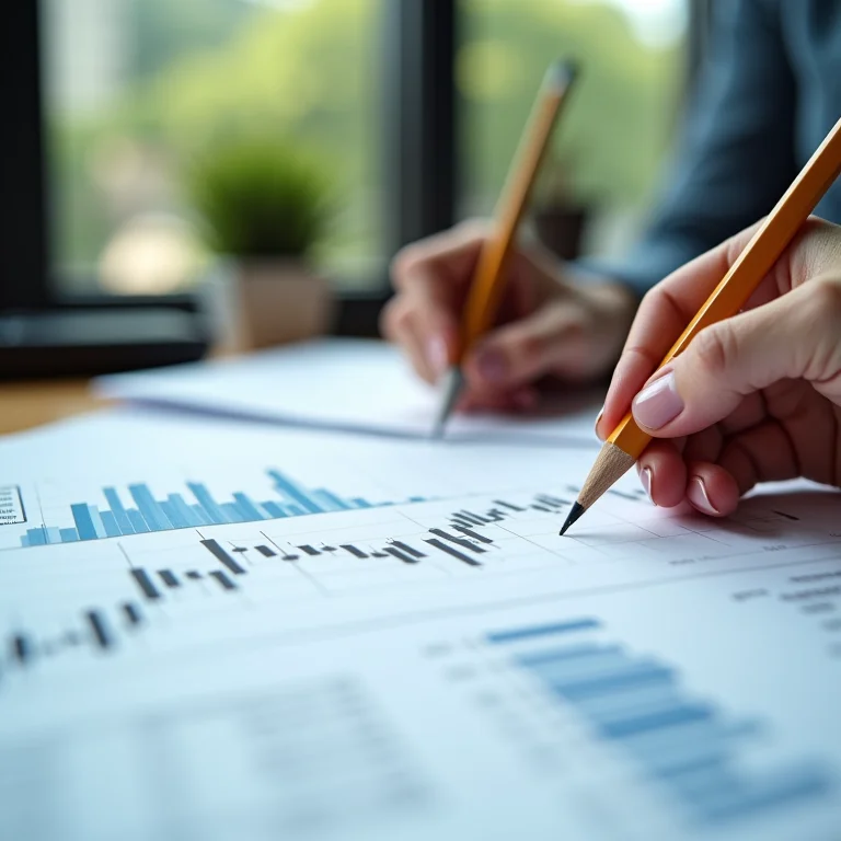 Mãos femininas marcando pontos em um gráfico financeiro