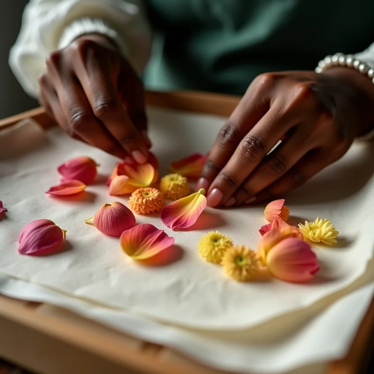 Mãos negras delicadamente prensando pétalas de flores